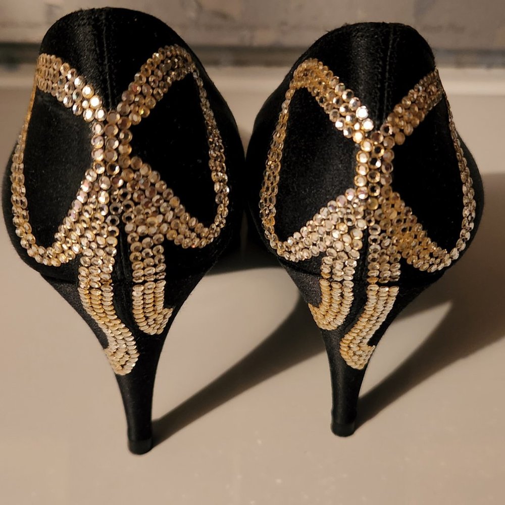 Stuart Weitzman Black Satin Pumps w/ Rhinestone Bow Design